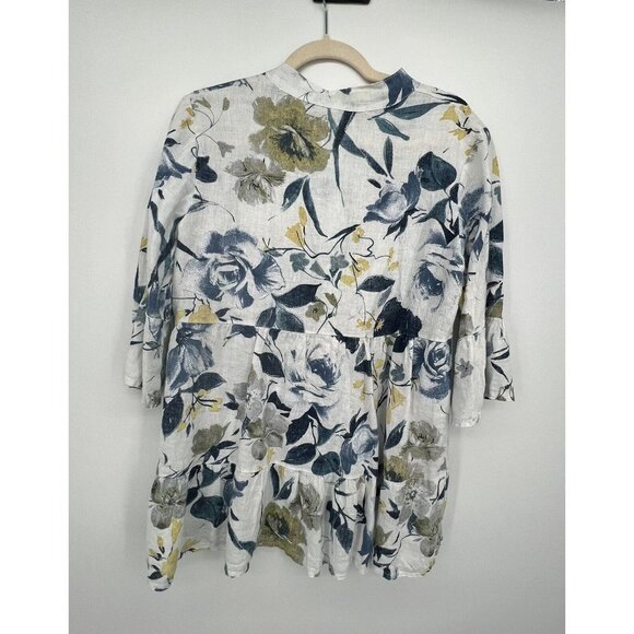 Valentina Naldi Italy Linen Top Sz M Floral Blue 1/2 Bell Sleeve Ruffle Artsy - Picture 2 of 13
